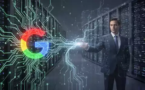 Stilisierte neuronale Netz- oder Leiterplatte in Google-Farben, die auf einen digitalen Manager zustrebt – Symbol für KI-Geschäftstools und Partnerschaften. - Foto: über boerse-global.de
