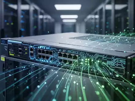 Nahaufnahme eines futuristischen Netzwerk-Switches mit blauen und grünen Leuchten, die Hochgeschwindigkeitsdaten und moderne Technologie symbolisieren. - Foto: über boerse-global.de