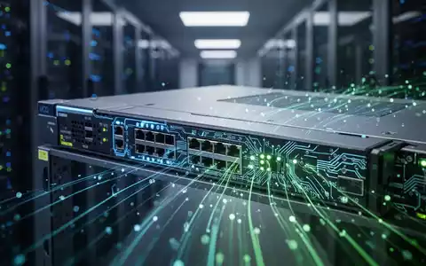 Nahaufnahme eines futuristischen Netzwerk-Switches mit blauen und grünen Leuchten, die Hochgeschwindigkeitsdaten und moderne Technologie symbolisieren. - Foto: über boerse-global.de