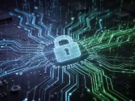 Leuchtende Leiterplatte mit Datenströmen und Binärcode, symbolisiert Cybersicherheit, KI und digitalen Schutz. - Foto: über boerse-global.de