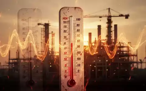 Ein Thermometer zeigt hohe Temperaturen an, mit Hitzewellen, die den Hintergrund verzerren. Im Hintergrund eine Fabrik oder Baustelle. - Foto: über boerse-global.de