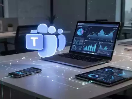 Leuchtendes Microsoft Teams-Logo auf modernem Schreibtisch mit Laptop, das KI-Integration und Unternehmenskommunikation symbolisiert. - Foto: über boerse-global.de