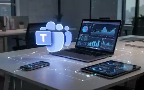 Leuchtendes Microsoft Teams-Logo auf modernem Schreibtisch mit Laptop, das KI-Integration und Unternehmenskommunikation symbolisiert. - Foto: über boerse-global.de