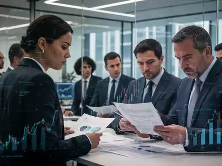 Finanzfachleute in einem modernen Londoner Büro, die Dokumente prüfen und sich umsehen, was auf Personalüberwachung und Compliance hindeutet. - Foto: über boerse-global.de
