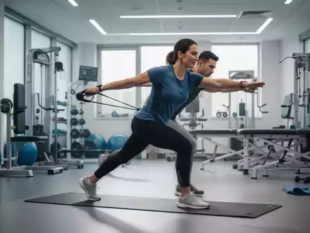 Eine Person führt eine Übung in einem modernen Fitnessstudio aus, die Bewegung und Rehabilitation symbolisiert. - Foto: über boerse-global.de