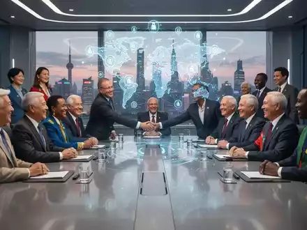 Globale Führungskräfte und Diplomaten schütteln sich um einen Konferenztisch die Hände, mit holografischer KI-Projektion in einem modernen Konferenzraum in Shanghai. - Foto: über boerse-global.de