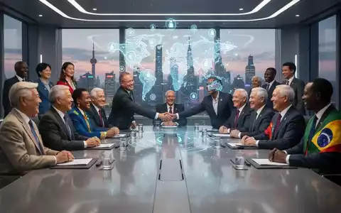 Globale Führungskräfte und Diplomaten schütteln sich um einen Konferenztisch die Hände, mit holografischer KI-Projektion in einem modernen Konferenzraum in Shanghai. - Foto: über boerse-global.de