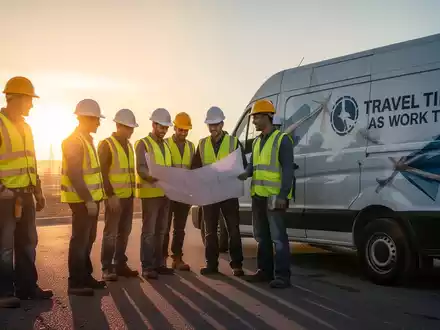 Handwerker in Arbeitskleidung stehen mit Bauplänen neben einem Firmenwagen bei Sonnenaufgang, symbolisierend Arbeitszeit und Wegezeit. - Foto: über boerse-global.de