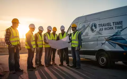 Handwerker in Arbeitskleidung stehen mit Bauplänen neben einem Firmenwagen bei Sonnenaufgang, symbolisierend Arbeitszeit und Wegezeit. - Foto: über boerse-global.de
