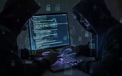 Verschattete Gestalt in Kapuzenjacke tippt auf Laptop, Code-Zeilen und digitale Schloss-Symbole auf dem Bildschirm. - Foto: über boerse-global.de