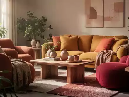 Ein gemütliches Wohnzimmer im skandinavischen Stil mit weichen, voluminösen Möbeln in warmen Farben und natürlichen Materialien. - Foto: über boerse-global.de