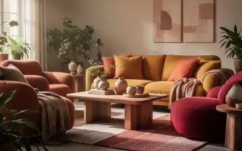 Ein gemütliches Wohnzimmer im skandinavischen Stil mit weichen, voluminösen Möbeln in warmen Farben und natürlichen Materialien. - Foto: über boerse-global.de
