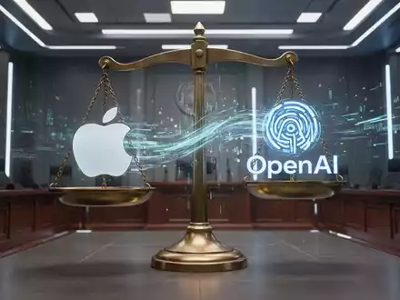 Waage mit Apple- und OpenAI-Logo, verbunden durch digitale Daten, in futuristischem Gerichtssaal. - Foto: über boerse-global.de