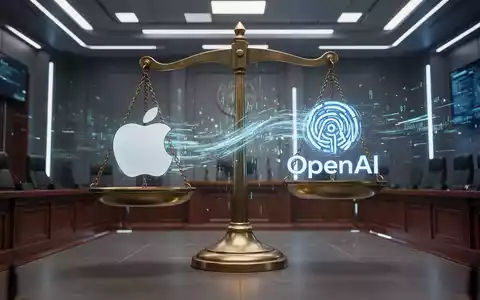 Waage mit Apple- und OpenAI-Logo, verbunden durch digitale Daten, in futuristischem Gerichtssaal. - Foto: über boerse-global.de