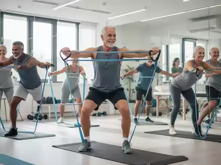 Eine Gruppe von Personen unterschiedlichen Alters macht Kraftübungen mit Widerstandsbändern und dem eigenen Körpergewicht in einem hellen Physiotherapiestudio. - Foto: über boerse-global.de