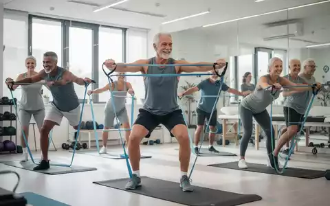 Eine Gruppe von Personen unterschiedlichen Alters macht Kraftübungen mit Widerstandsbändern und dem eigenen Körpergewicht in einem hellen Physiotherapiestudio. - Foto: über boerse-global.de