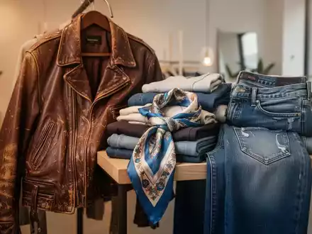 Eine stilvoll arrangierte Sammlung von Second-Hand-Kleidungsstücken, darunter eine Vintage-Lederjacke und ein Seidenschal, in einer modernen Umgebung. - Foto: über boerse-global.de