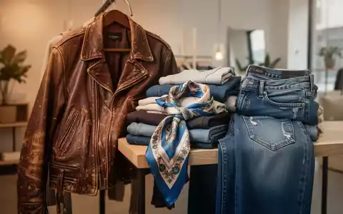 Eine stilvoll arrangierte Sammlung von Second-Hand-Kleidungsstücken, darunter eine Vintage-Lederjacke und ein Seidenschal, in einer modernen Umgebung. - Foto: über boerse-global.de