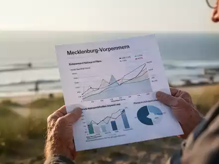 Ältere Hände halten ein Finanzdokument mit Diagrammen vor einem unscharfen Hintergrund einer Küstenlandschaft, die Rentenpläne symbolisiert. - Foto: über boerse-global.de