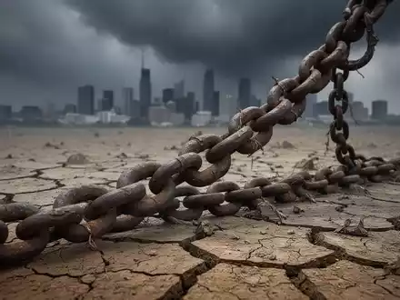 Eine schwere Ankerkette liegt auf trockener Erde vor einer stürmischen Stadtkulisse, symbolisiert geopolitische Hemmnisse. - Foto: über boerse-global.de