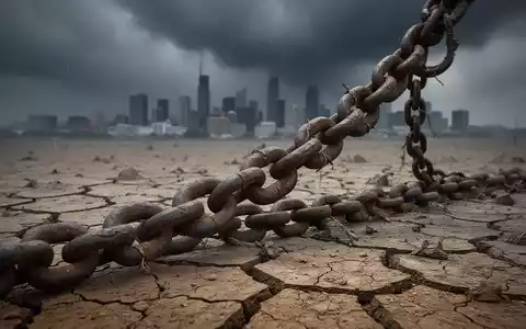 Eine schwere Ankerkette liegt auf trockener Erde vor einer stürmischen Stadtkulisse, symbolisiert geopolitische Hemmnisse. - Foto: über boerse-global.de