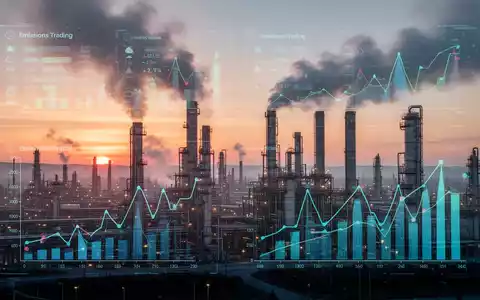 Ein großes, modernes Industriegelände bei Sonnenaufgang, mit digitalen Überlagerungen, die Emissionshandelsdaten und Finanzgraphen darstellen. - Foto: über boerse-global.de