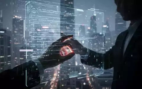 Eine Hand interagiert mit einem leuchtenden Bildschirm, der Code und digitale Nachrichten anzeigt, symbolisiert digitale Überwachung. - Foto: über boerse-global.de