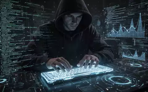 Eine Person mit Kapuzenpullover tippt auf einer holografischen Tastatur, umgeben von digitalem Code, der Cyberbedrohungen und KI symbolisiert. - Foto: über boerse-global.de