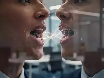 Nahaufnahme eines Mundes, der spricht, mit subtilen leuchtenden Linien, die von den Lippen ausgehen, in einem professionellen Umfeld. - Foto: über boerse-global.de