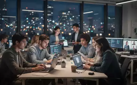 Junge Fachkräfte arbeiten in einem modernen Co-Working-Space, einige an Laptops, andere in Videokonferenzen. Im Hintergrund sind verschwommene Stadtlichter zu sehen. - Foto: über boerse-global.de