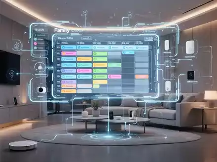 Holografisches Interface zeigt Familienzeitplan in einem modernen Wohnzimmer, symbolisiert KI-Organisation des Alltags. - Foto: über boerse-global.de