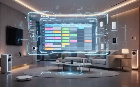 Holografisches Interface zeigt Familienzeitplan in einem modernen Wohnzimmer, symbolisiert KI-Organisation des Alltags. - Foto: über boerse-global.de