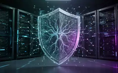 Leuchtender, futuristischer digitaler Schild aus verbundenen Linien und Datenpunkten, der ein Servernetzwerk schützt, Symbol für KI-Cyberabwehr. - Foto: über boerse-global.de
