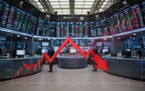 Finanzdiagramm mit Abwärtstrend und rotem Pfeil vor einem unscharfen Börsenparkett. Symbolisiert einen Kursrückgang. - Foto: über boerse-global.de