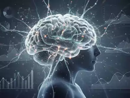 Ein stilisiertes, leuchtendes Gehirn mit neuronalen Pfaden, umgeben von Datenvisualisierungen und einer fokussierten menschlichen Silhouette. - Foto: über boerse-global.de