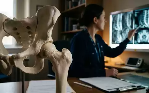 Nahaufnahme eines menschlichen Hüftgelenkmodells mit Knochenschäden vor einem unscharfen Hintergrund eines Arztes, der medizinische Scans betrachtet. - Foto: über boerse-global.de