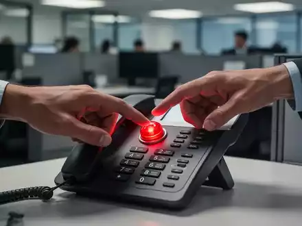 Eine Hand drückt einen roten Notrufknopf auf einem modernen VoIP-Telefon in einem Büro, mit unscharfem Hintergrund von Arbeitsplätzen. - Foto: über boerse-global.de