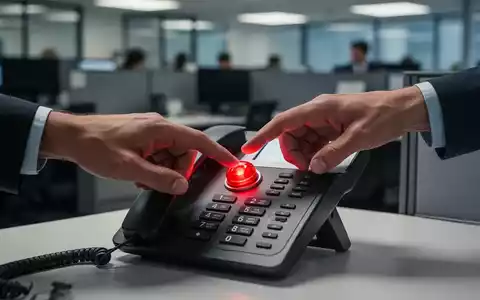 Eine Hand drückt einen roten Notrufknopf auf einem modernen VoIP-Telefon in einem Büro, mit unscharfem Hintergrund von Arbeitsplätzen. - Foto: über boerse-global.de