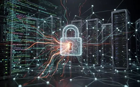 Digitale Illustration eines Vorhängeschlosses, umgeben von fließendem Code und Netzwerklinien, symbolisiert KI-gestützte Cybersicherheit und Schwachstellen. - Foto: über boerse-global.de
