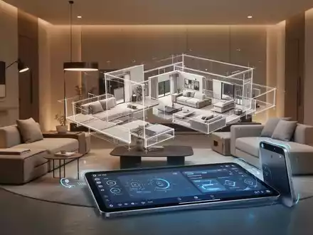 Ein modernes, minimalistisches Wohnzimmer mit multifunktionalen Möbeln, die sich verwandeln, und einem Tablet, das KI-Design anzeigt. - Foto: über boerse-global.de