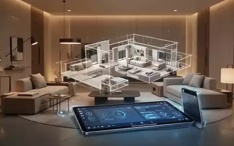 Ein modernes, minimalistisches Wohnzimmer mit multifunktionalen Möbeln, die sich verwandeln, und einem Tablet, das KI-Design anzeigt. - Foto: über boerse-global.de
