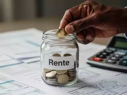Eine Hand legt eine Münze in ein Glasgefäß mit der Aufschrift „Rente“, umgeben von Finanzdokumenten und einem Taschenrechner. - Foto: über boerse-global.de