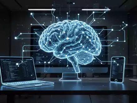 Leuchtendes digitales Gehirn verbindet sich mit Umrissen von Laptop, Desktop und Smartphone, symbolisiert plattformübergreifende Datensynchronisation. - Foto: über boerse-global.de