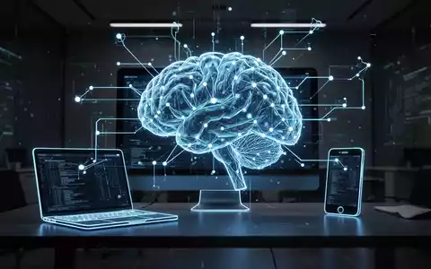 Leuchtendes digitales Gehirn verbindet sich mit Umrissen von Laptop, Desktop und Smartphone, symbolisiert plattformübergreifende Datensynchronisation. - Foto: über boerse-global.de