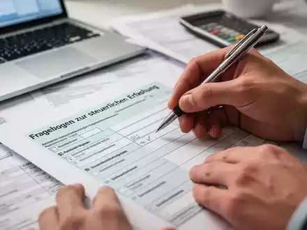 Hände füllen einen deutschen Fragebogen zur steuerlichen Erfassung mit einem Stift aus, umgeben von Dokumenten und einem Laptop. - Foto: über boerse-global.de