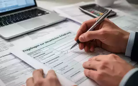 Hände füllen einen deutschen Fragebogen zur steuerlichen Erfassung mit einem Stift aus, umgeben von Dokumenten und einem Laptop. - Foto: über boerse-global.de
