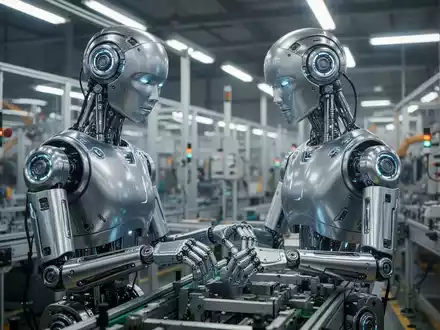 Ein humanoider Roboter mit schlankem, metallischem Design arbeitet an einem Fließband in einer modernen, hell erleuchteten Fabrik. - Foto: über boerse-global.de