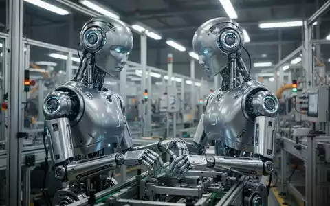 Ein humanoider Roboter mit schlankem, metallischem Design arbeitet an einem Fließband in einer modernen, hell erleuchteten Fabrik. - Foto: über boerse-global.de