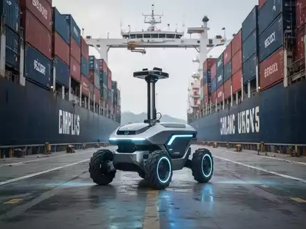 Autonomer mobiler Roboter mit vier Rädern und flacher Plattform im Frachtraum eines großen Containerschiffs. - Foto: über boerse-global.de