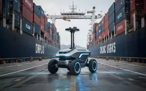 Autonomer mobiler Roboter mit vier Rädern und flacher Plattform im Frachtraum eines großen Containerschiffs. - Foto: über boerse-global.de